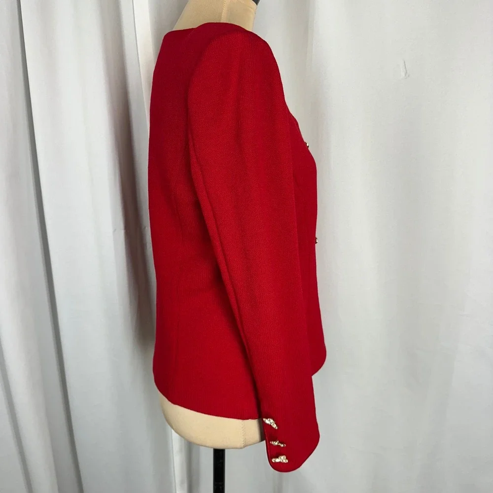 St. John Evening Red Santana Knit Jacket Gold Jeweled Hook Closures Sz 2 (S)